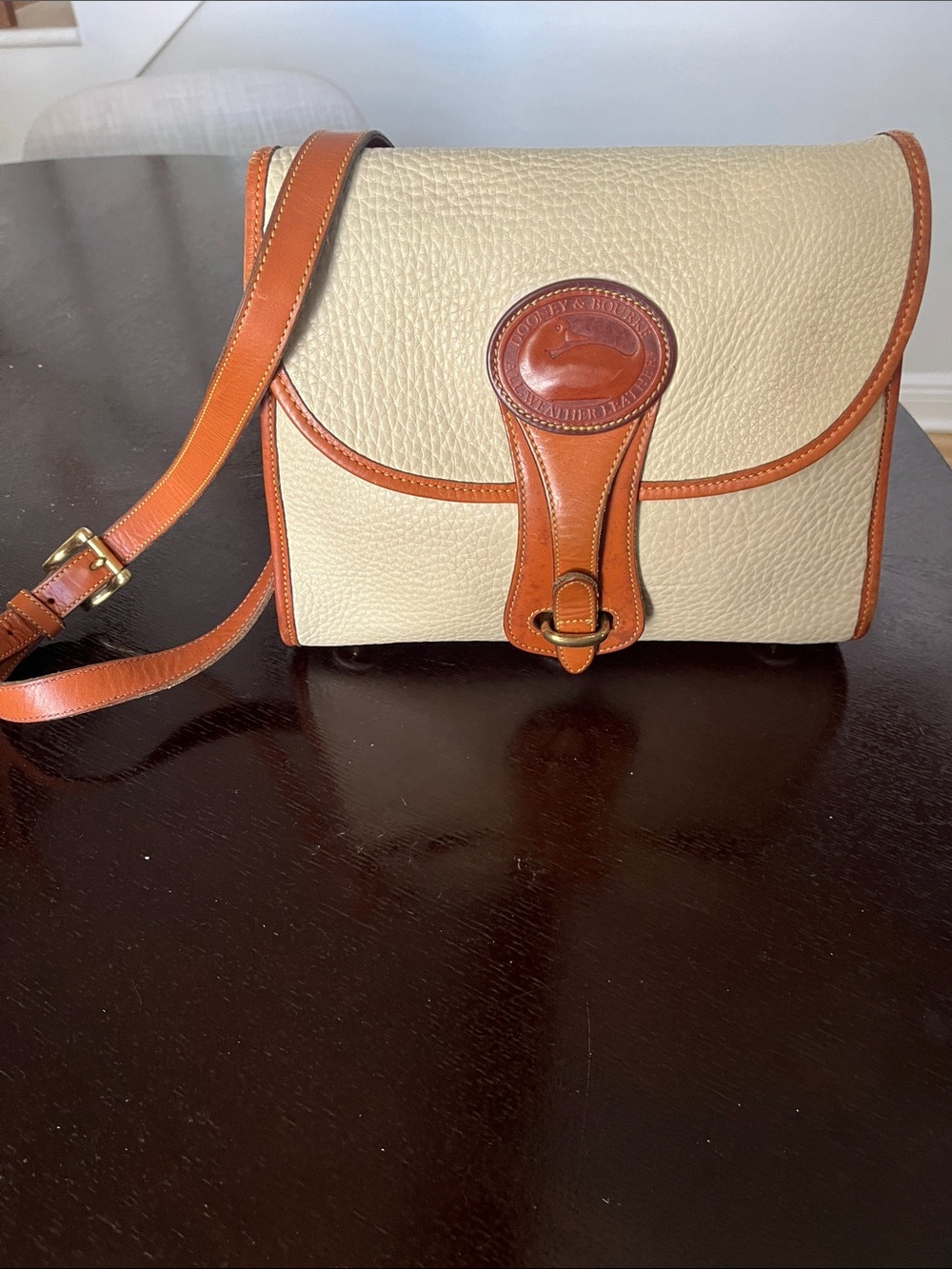 Dooney & Bourke Cream Pebbled Crossbody  Brown Leather trim
